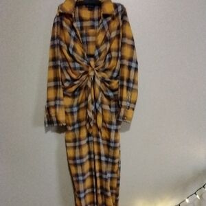 Yellow Plaid Tie-Front Jumpsuit